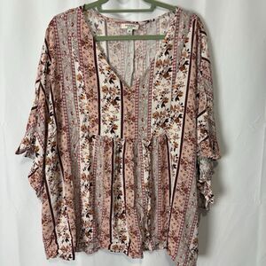 Andree By UNIT Womens Peasant Top Blouse 3X  Multi Mixed Print Floral Stripe